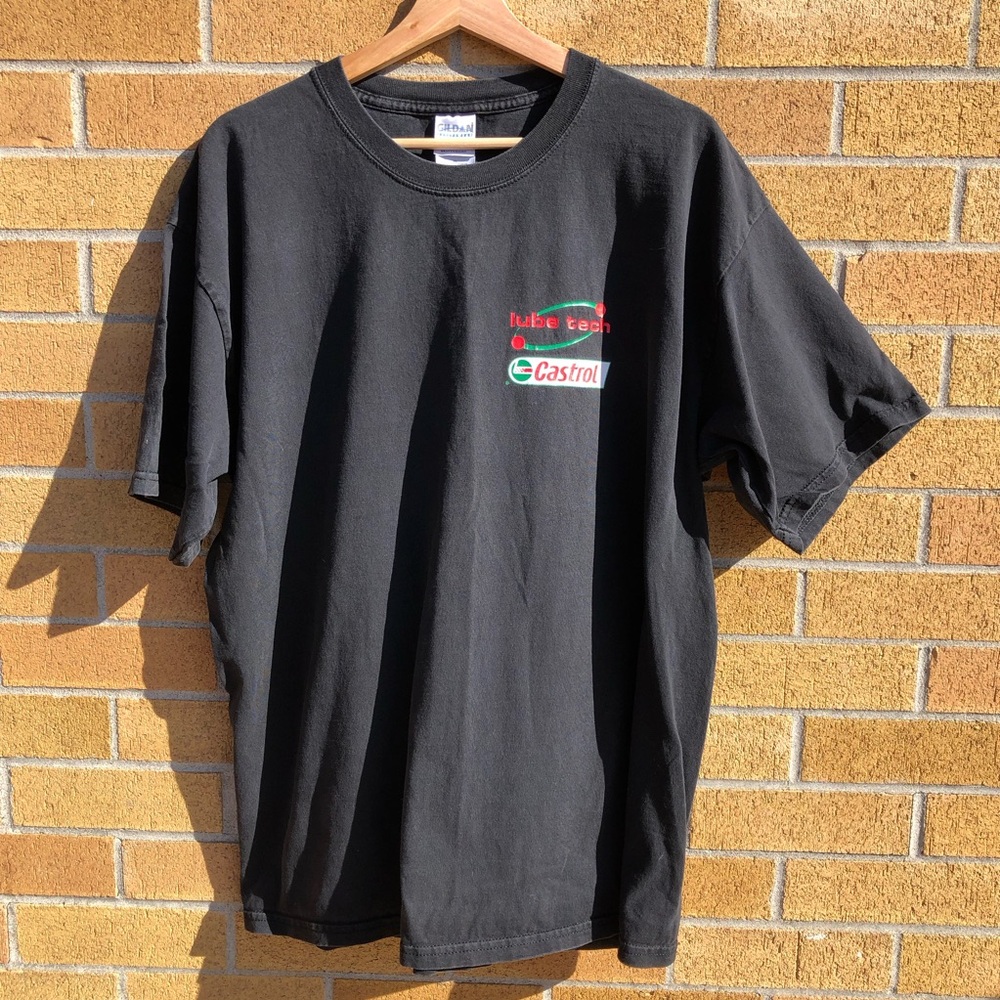 Castrol lube tech Vintage men’s black graphic tee Vtg t-shirt mechanic 90s 1990s